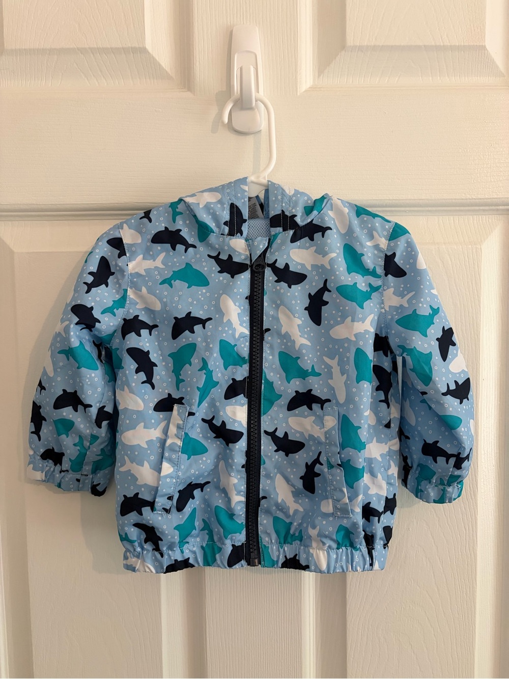 Wonder Nation Shark Print Light Weight Blue Zip Up Windbreaker With Hood - 12M